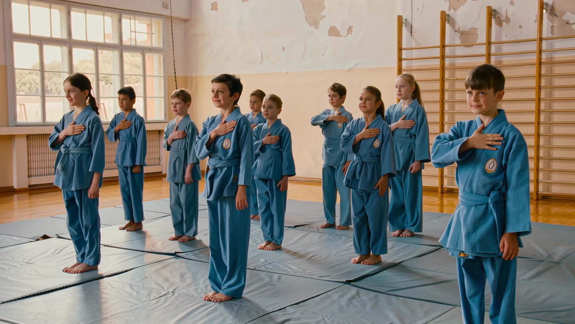Group of children in blue Vovinam uniforms lined up and saluting in the school gymnasium in Garachico